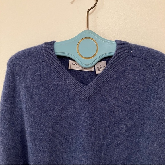 Men’s Cashmere Sweater Large Blue Heathered V Neck Classic Preppy Nautical - Picture 4 of 5